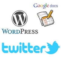 Logos of well known digital tools: WordPress; Google docs and twitter